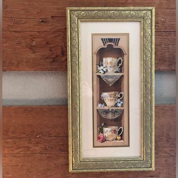 Sandy Clough Framed and Matted Signed Art Print Tea Cups Lace Custom Framed Gold - Picture 2 of 10